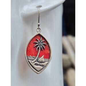 Vintage Sterling Silver and Red Coral Beach Theme/Palm Tree, Ocean Earrings